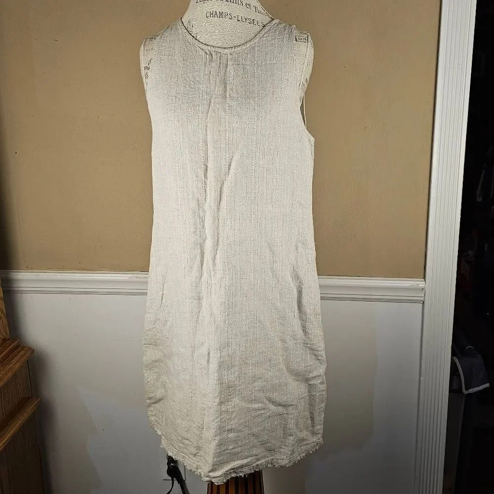 NWT Garnet Hill Womens Tan Textured Linen Sleeveless Pocket Dress 12